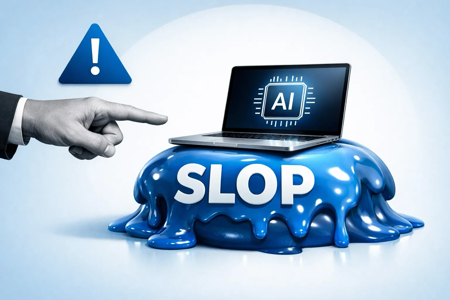 AI Slop editorial hero graphic showing a black-and-white hand pointing at a glossy blue slime blob labeled “SLOP,” with a silver laptop displaying an AI chip icon resting on top and a blue warning triangle above.