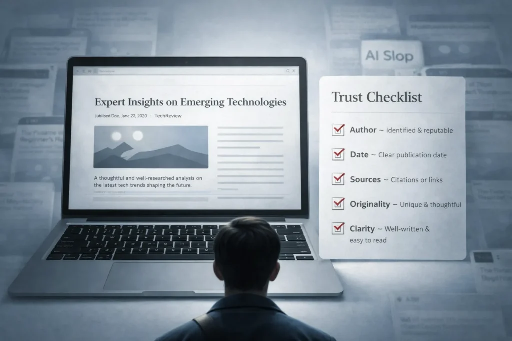 AI Slop concept showing a laptop displaying a clean, trustworthy article alongside a trust checklist, contrasted with blurred background content including a tile labeled “AI Slop.”