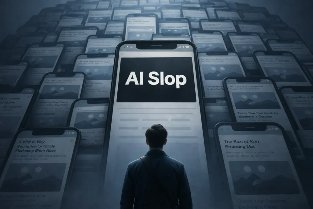 AI Slop concept showing a lone reader standing before a towering wall of overlapping phone screens and article cards, revealing repetitive layouts and identical content with one headline displaying “AI Slop.”