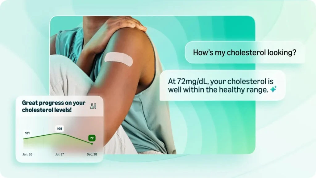 Amazon Health AI showing cholesterol tracking and health insights with personalized feedback on lab results