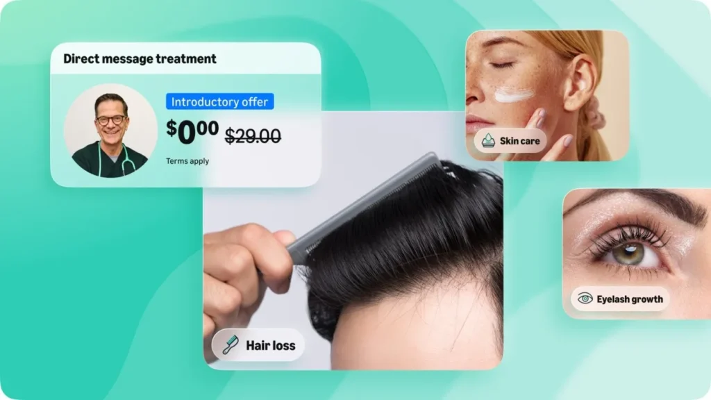 Amazon Health AI direct message treatment interface showing care options for hair loss, skin care, and eyelash growth