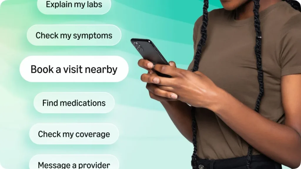 Amazon Health AI mobile interface showing options to check symptoms, explain labs, book visits, and manage medications