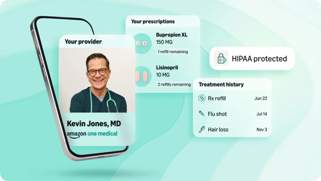 Amazon Health AI showing provider details, prescriptions, treatment history, and HIPAA-protected health information