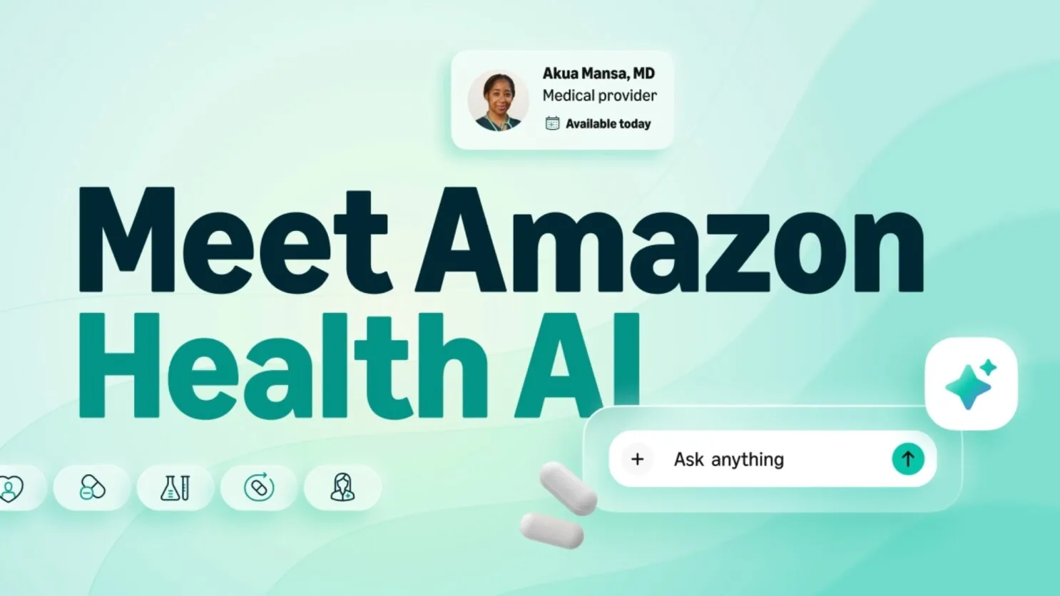 Amazon Health AI interface showing a virtual healthcare assistant with provider availability and symptom support tools