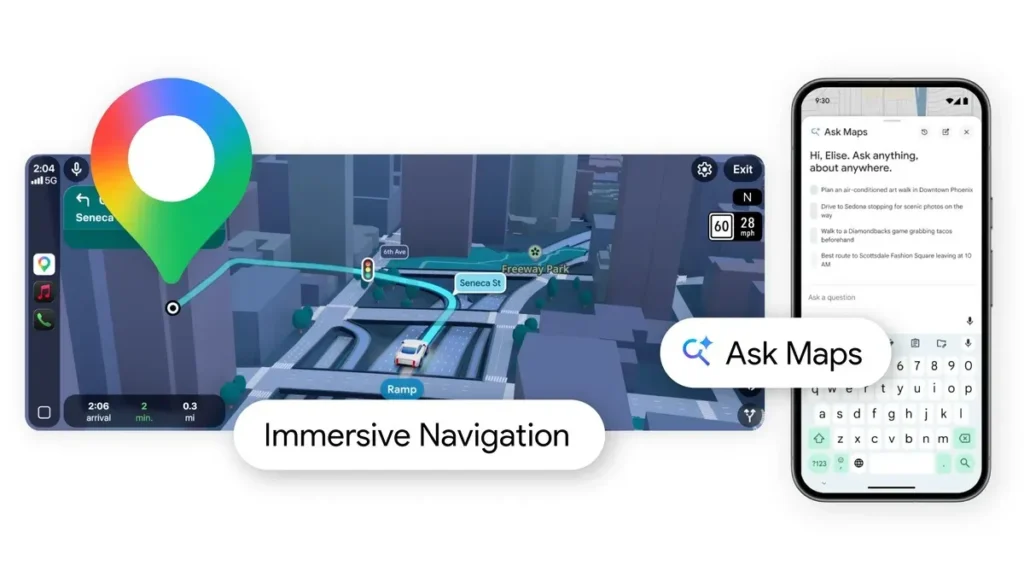 Ask Maps image showing Immersive Navigation on Google Maps next to a phone screen with the Ask Maps interface.