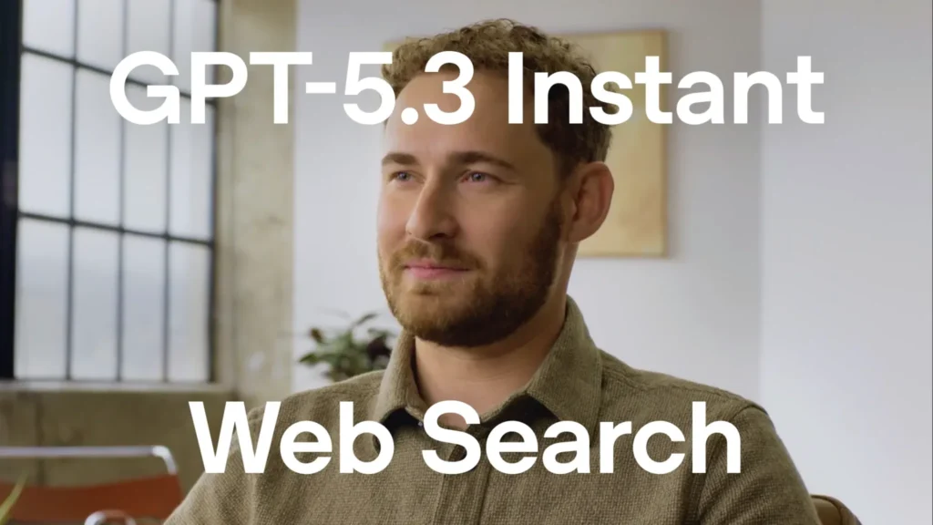 GPT-5.3 Instant Web Search text over a man in an office setting