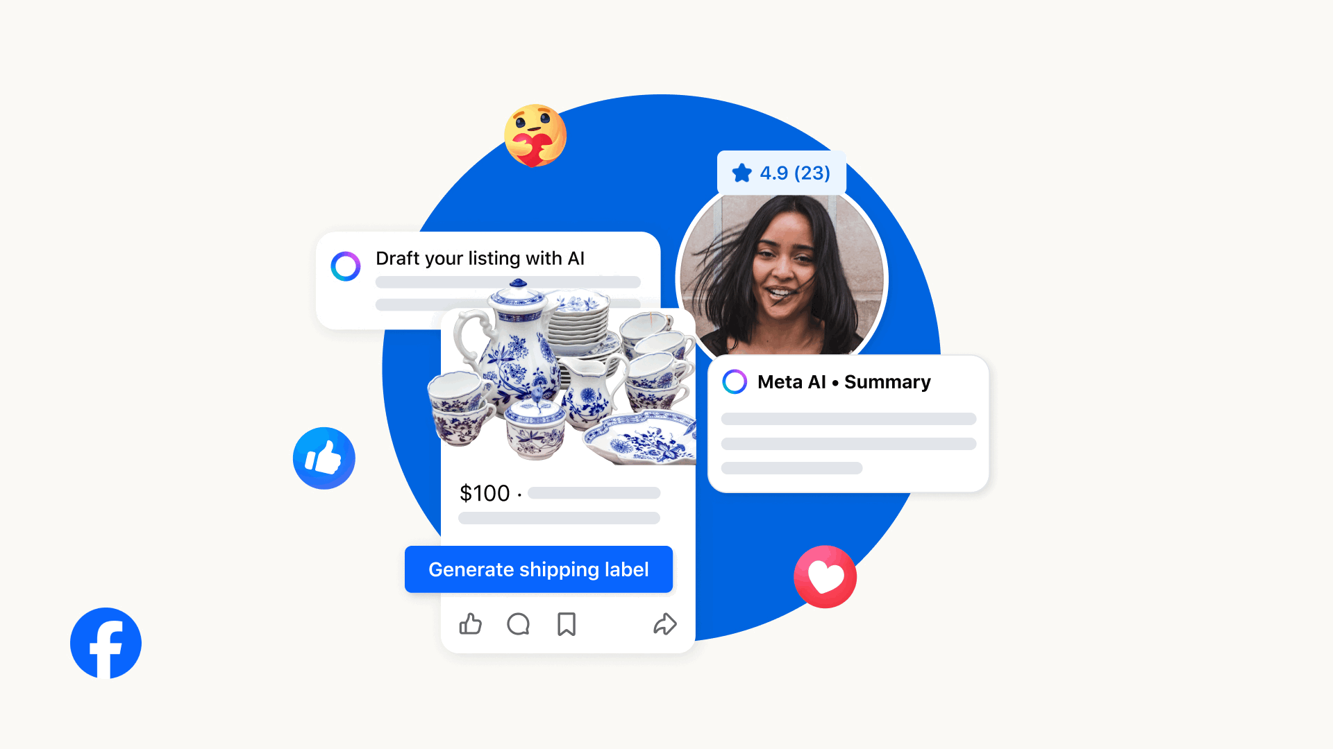 Meta AI Tools graphic showing Facebook Marketplace seller features like AI listing drafts, seller summaries, ratings, and shipping label generation