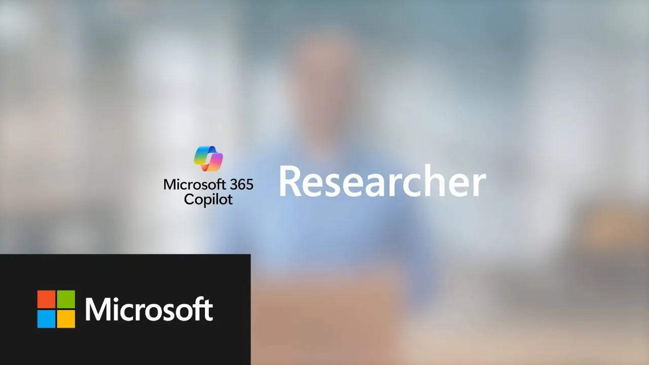 Microsoft 365 Copilot Researcher Agent graphic with Microsoft branding over a blurred office background