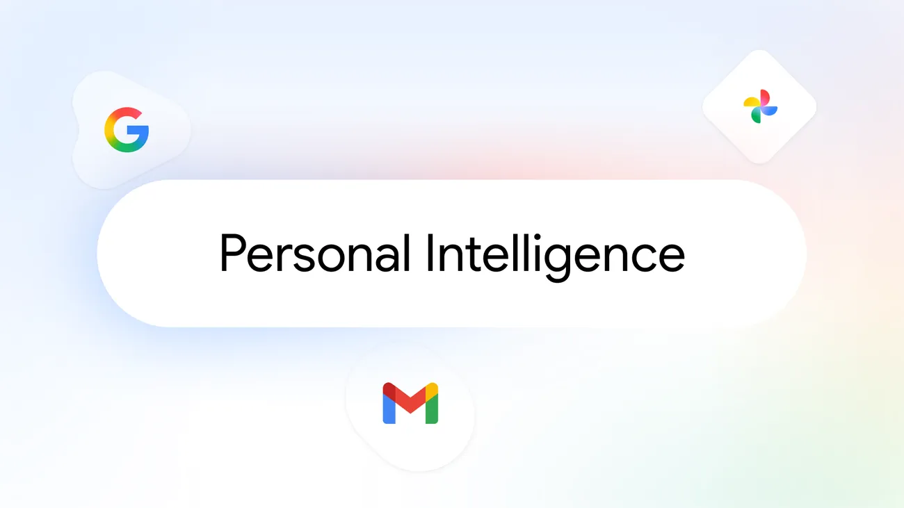 Personal Intelligence graphic with Google, Gmail, and Google Photos icons around a large centered text box