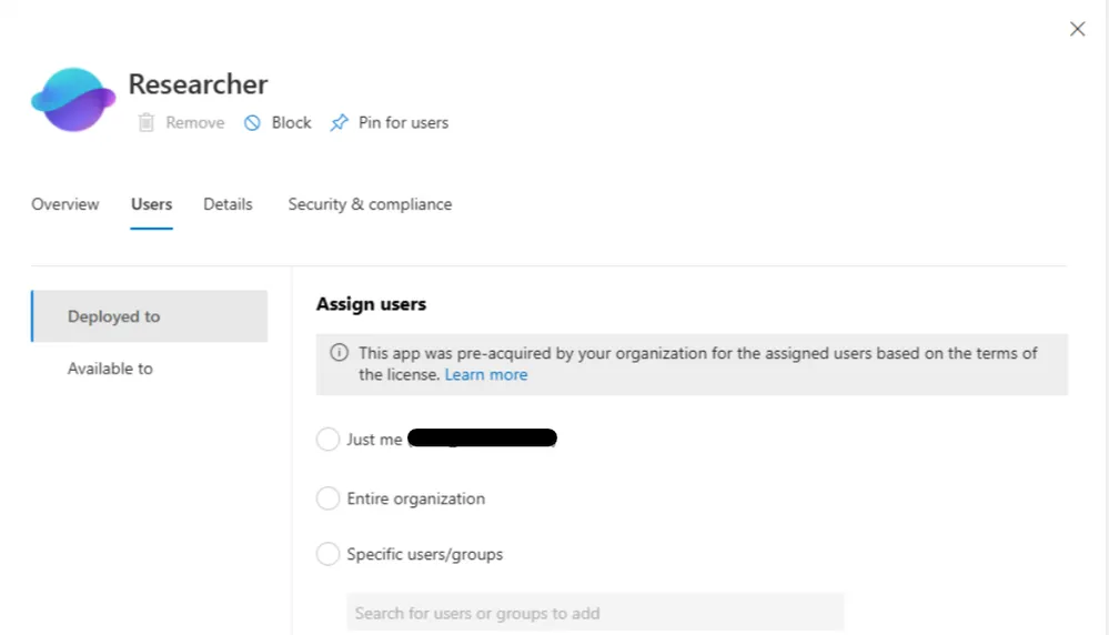 Admin settings screen for Researcher Agent showing user assignment options, including just one user, entire organization, or specific groups