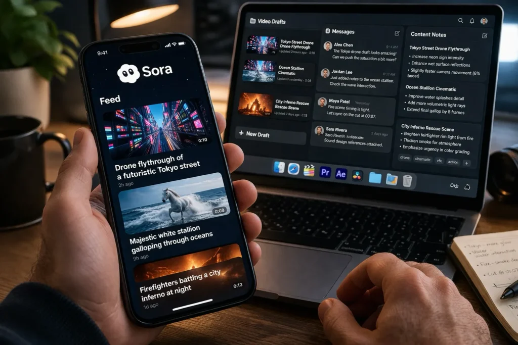 Sora App feed displayed on a smartphone while a laptop in the background shows a creator planning and reviewing content