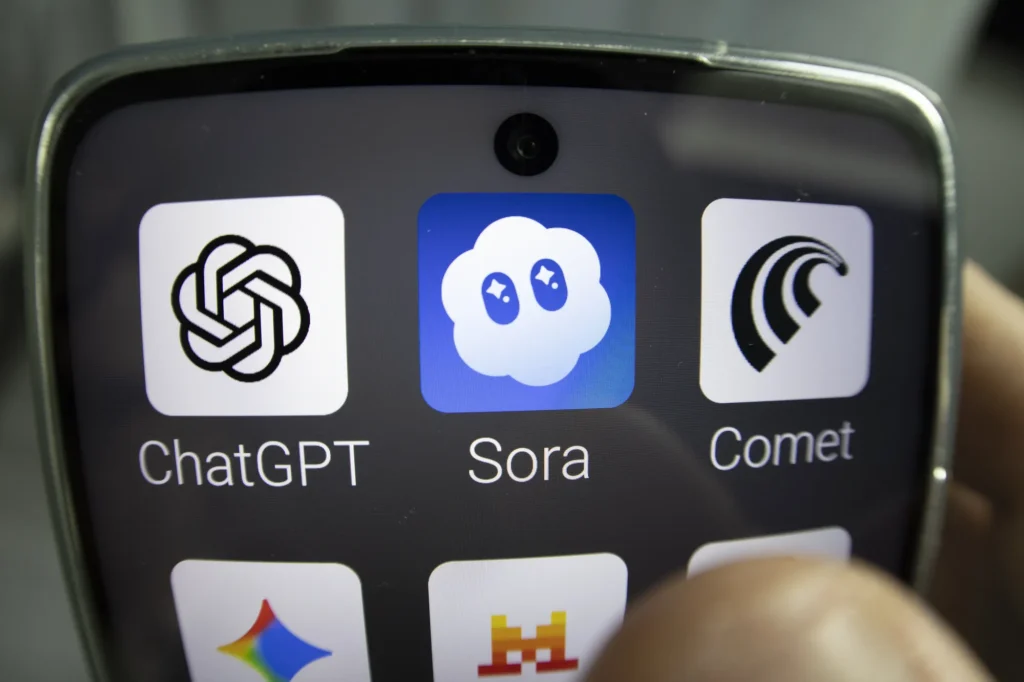 Sora App icon shown on a smartphone screen next to ChatGPT and Comet app icons