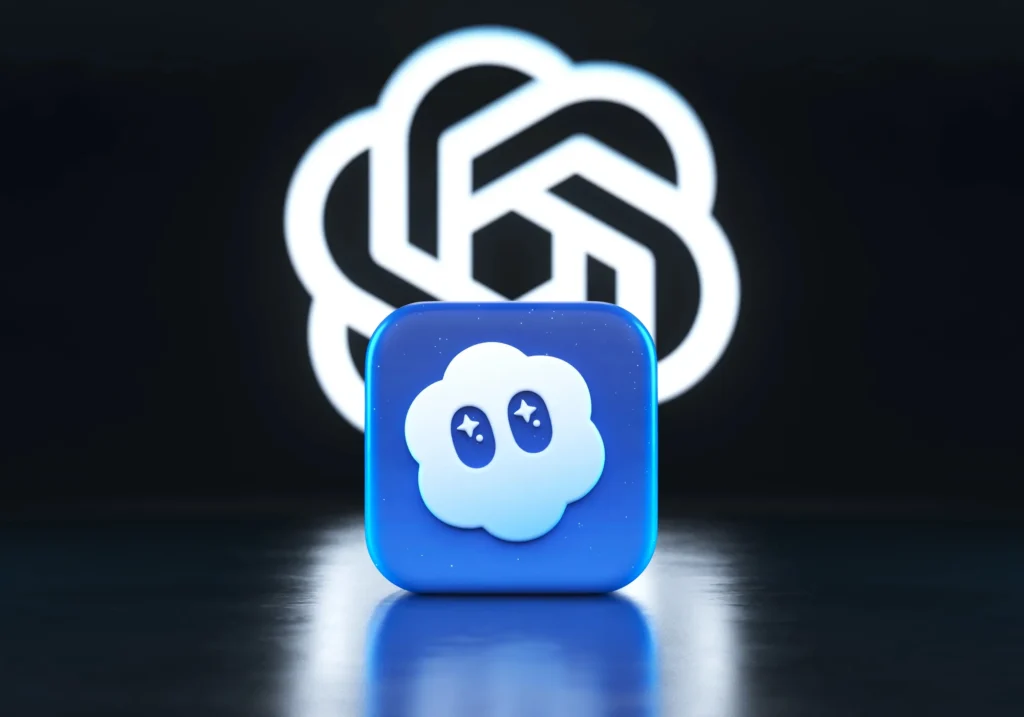 Sora App icon displayed in front of the OpenAI logo on a dark background