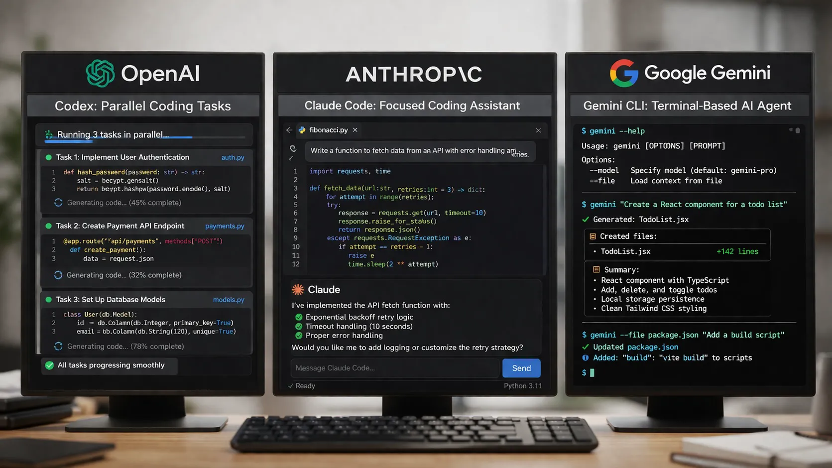Subagents comparison image showing OpenAI Codex, Anthropic Claude Code, and Google Gemini CLI displayed side by side on three monitors, highlighting different approaches to AI-assisted coding tasks.