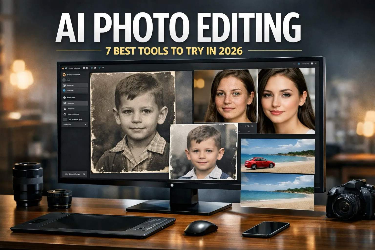 AI Photo Editing hero image showing a desktop monitor with before-and-after photo edits, including portrait retouching, old photo restoration, and object removal, in a modern editing workspace.