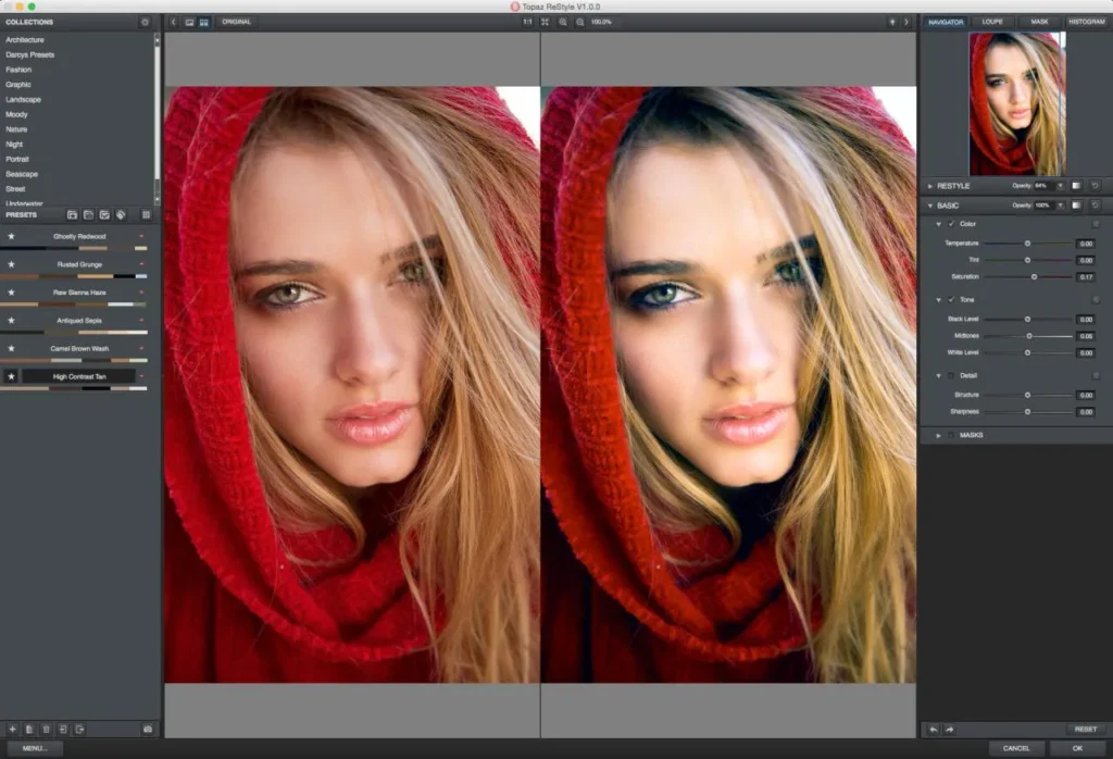 AI Photo Editing image showing a portrait retouching interface with side-by-side before-and-after results, including changes to color, tone, and detail.