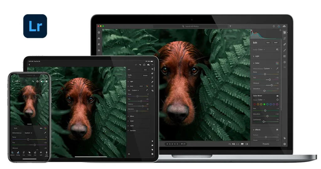 AI Photo Editing image showing Adobe Lightroom running across a laptop, tablet, and smartphone, with a dog photo being edited using color and light adjustment tools.