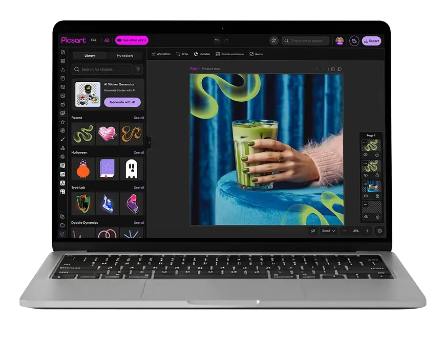 AI Photo Editing image showing Picsart open on a laptop with a product-style photo being edited using stickers, creative tools, and layout controls.