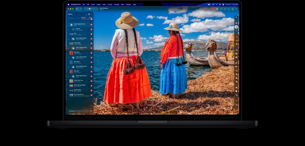 AI Photo Editing image showing Pixelmator Pro on a laptop with a colorful outdoor photo being edited using layers, color adjustments, and effects tools.