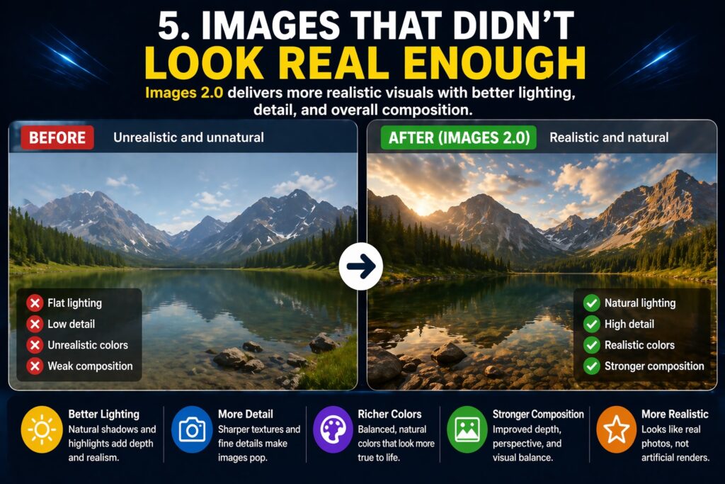 Images 2.0 comparison graphic showing how more realistic image generation improves lighting, detail, color, and composition in landscape visuals.