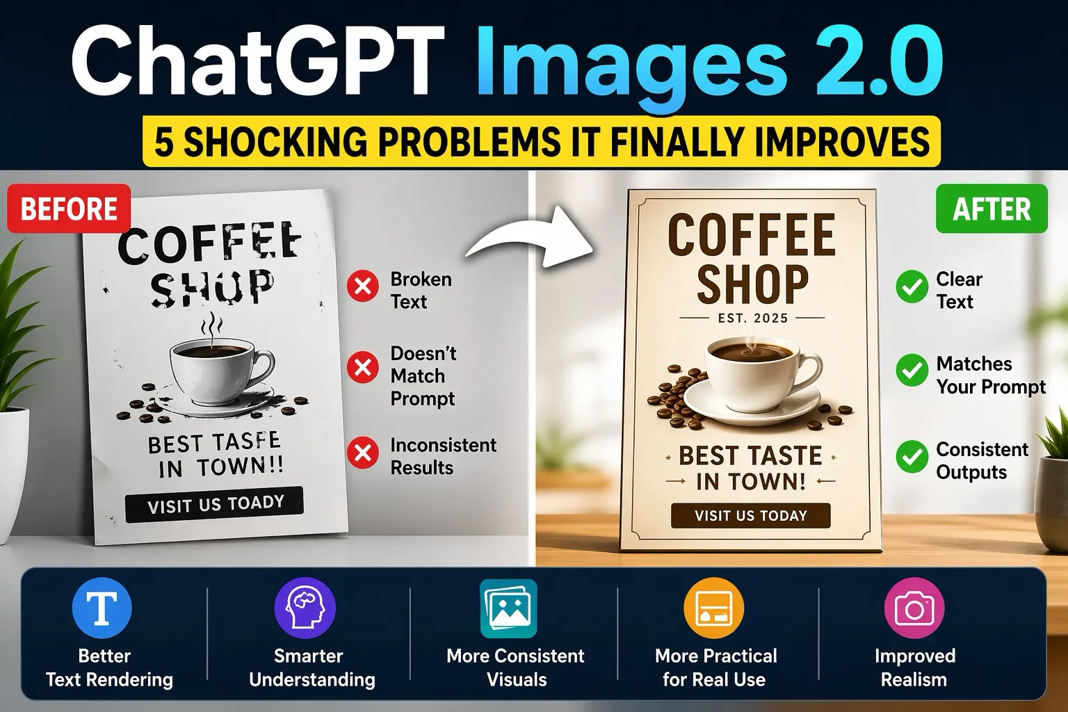 ChatGPT Images 2.0 before and after comparison showing broken text and inconsistent results versus clear text and realistic design improvements