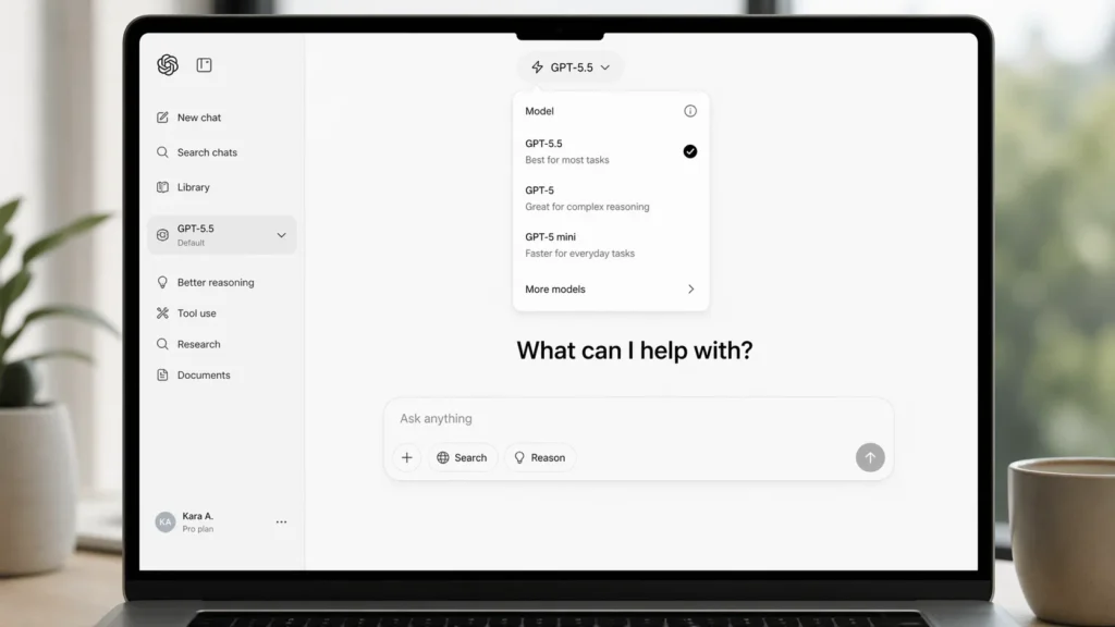 GPT-5.5 selected on a ChatGPT-style interface shown on a laptop screen, with a side panel listing Better reasoning, Tool use, Research, and Documents.