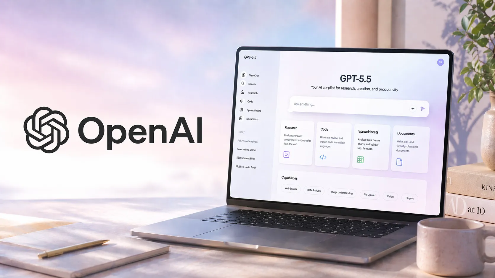 GPT-5.5 shown on a laptop screen beside the OpenAI logo, highlighting research, code, spreadsheets, and document tools.