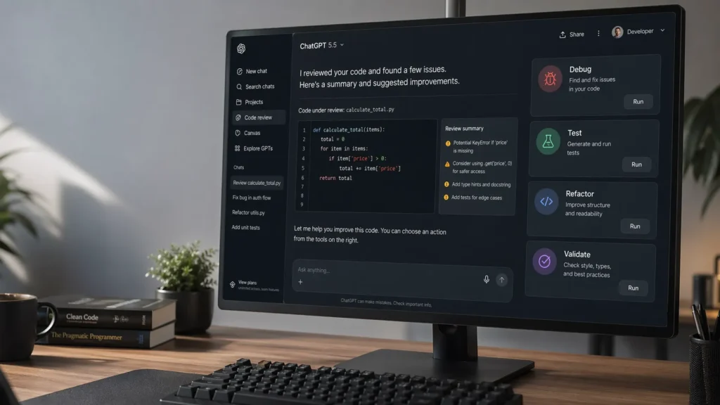 GPT-5.5 shown on a developer’s monitor reviewing code, with panels labeled Debug, Test, Refactor, and Validate in a realistic desk setup.
