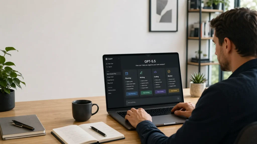 GPT-5.5 shown on a laptop screen as a person uses it to organize a full work session, with clear cards for planning, writing, coding, and review in a modern workspace.