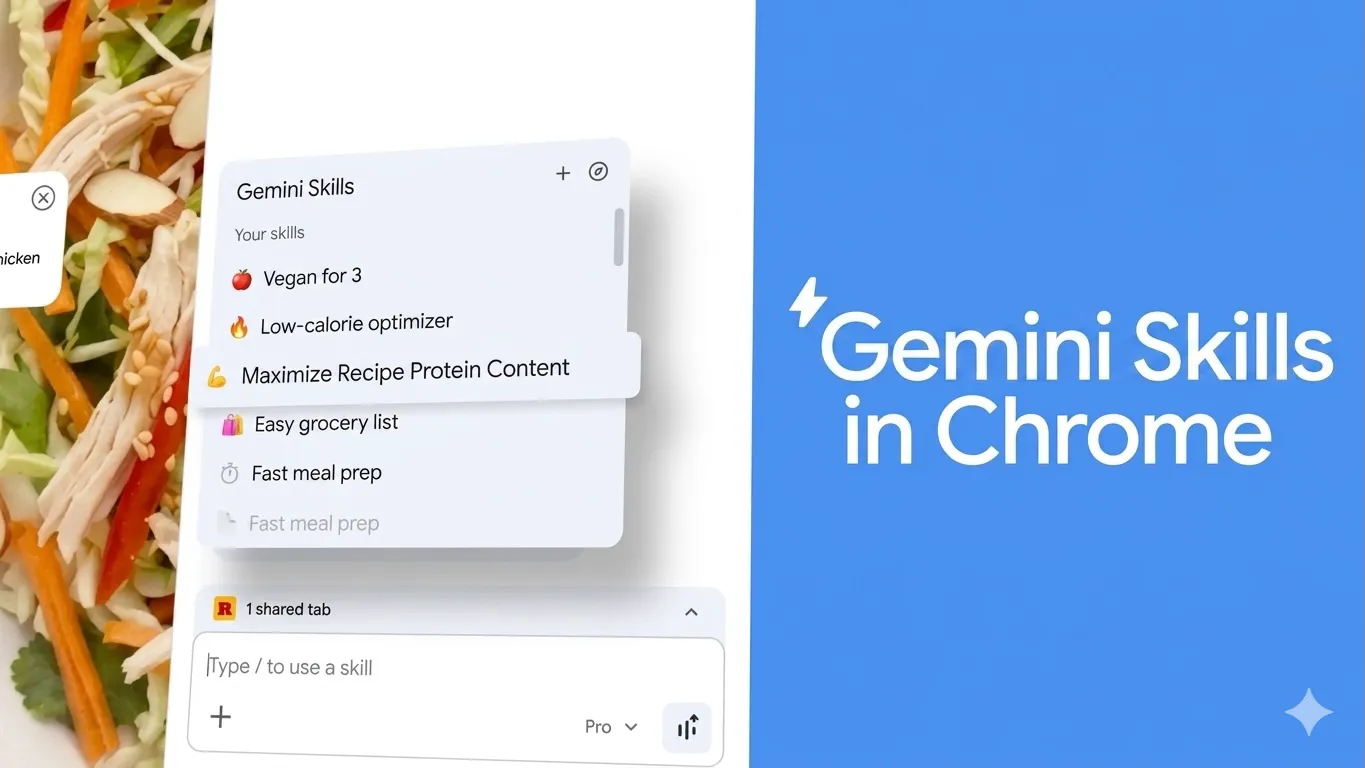 ai workforce concept shown with Gemini Skills in Chrome interface featuring saved recipe and meal-planning skills
