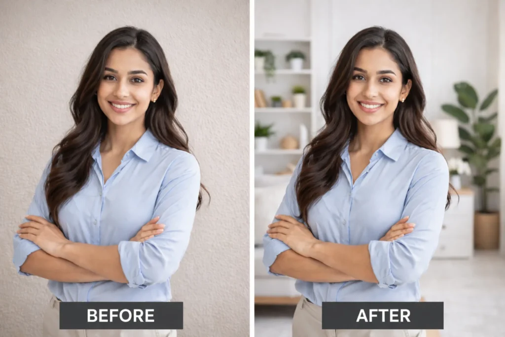 Generative Fill before-and-after portrait showing a plain wall background replaced with a styled indoor setting while keeping lighting and subject consistency natural.