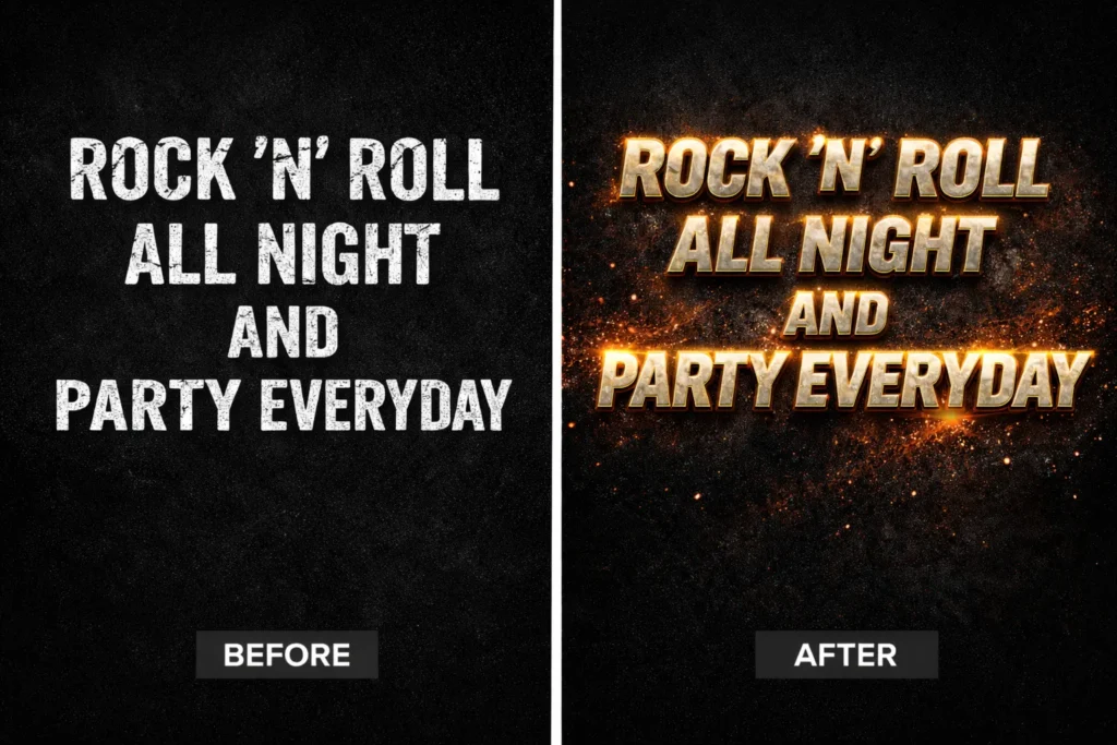 Generative Fill before-and-after poster showing distressed white headline text on the left and a textured metallic version on the right for “ROCK ‘N’ ROLL ALL NIGHT AND PARTY EVERYDAY,” with labeled comparison panels.