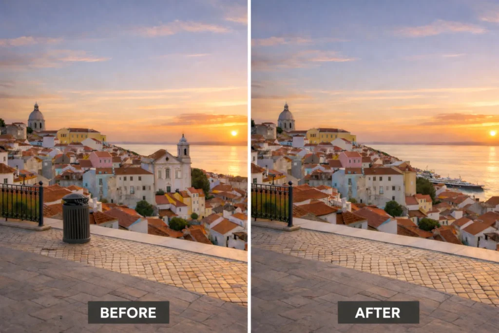 Generative Fill before-and-after travel photo showing a trash can removed from a scenic overlook, with the sidewalk rebuilt to match the original lighting, texture, and perspective.