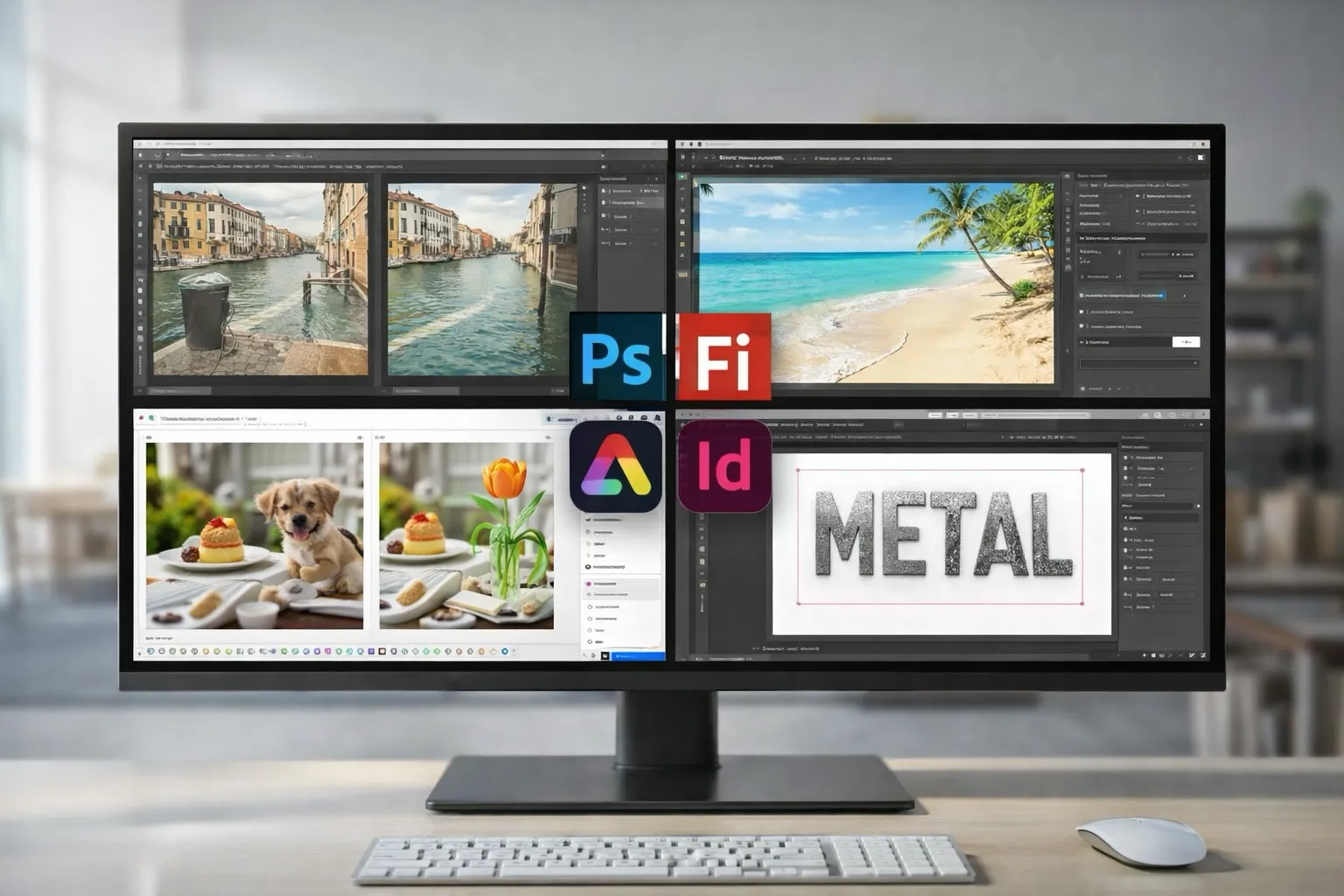 Generative Fill creative workflow shown on a desktop monitor with multiple Adobe apps open, including Photoshop and Firefly, demonstrating image editing, background replacement, and metallic text design.