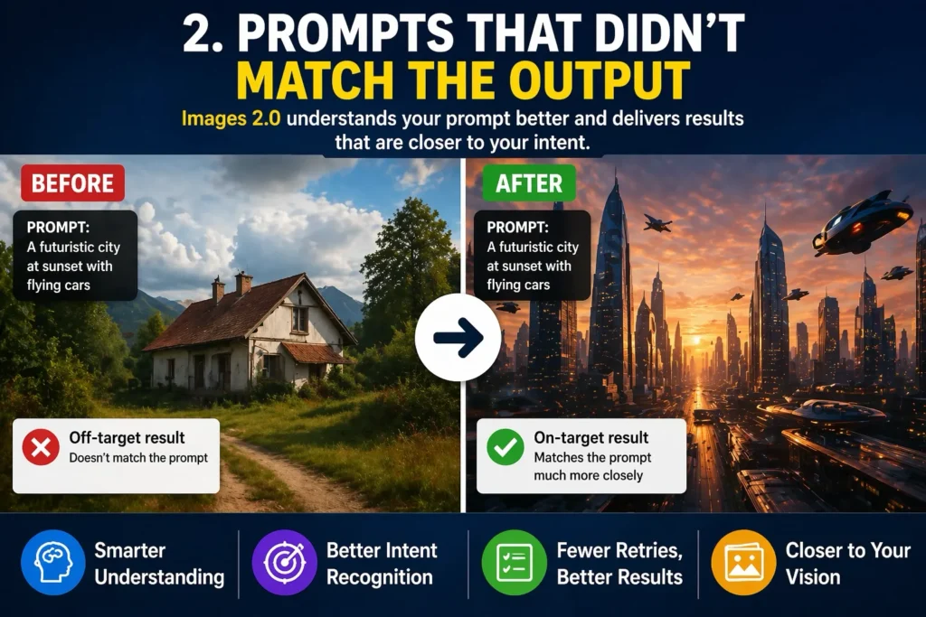Images 2.0 comparison graphic showing how better prompt understanding leads to outputs that more closely match user intent, using a before-and-after futuristic city at sunset example.