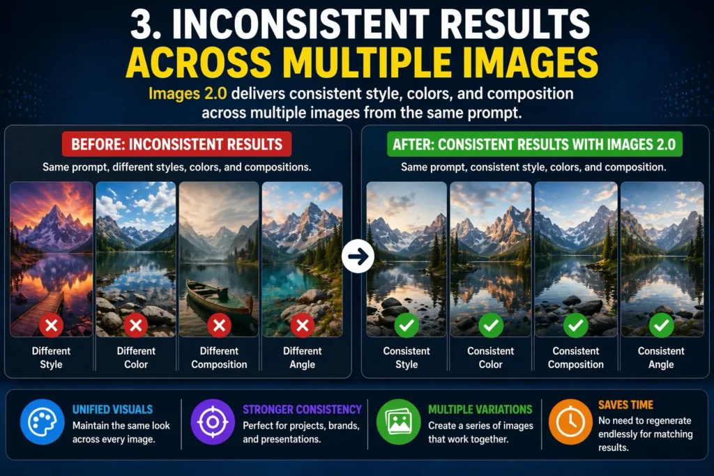 Images 2.0 comparison graphic showing how it creates more consistent results across multiple generated images, including style, color, composition, and angle.