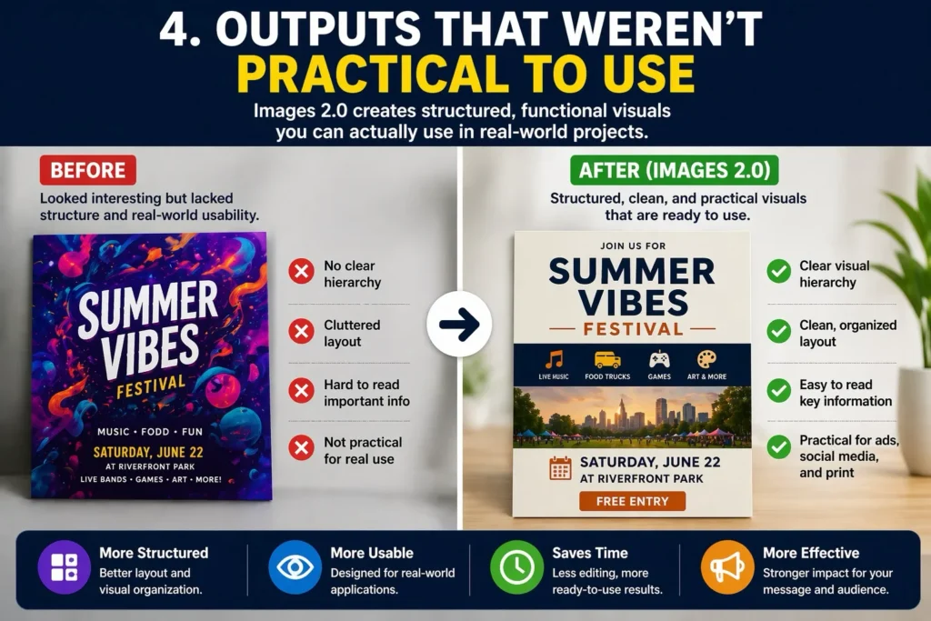 Images 2.0 comparison graphic showing how practical, structured visual outputs improve usability, with a before-and-after summer festival poster example.