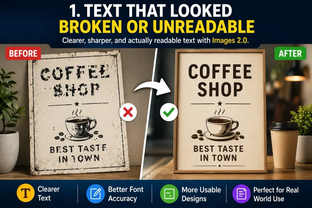 Images 2.0 comparison graphic showing how clearer and more readable text improves generated design output, with a before-and-after coffee shop sign example.