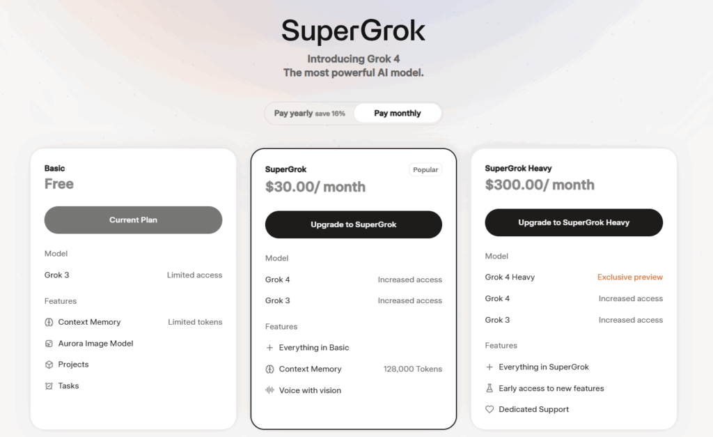 Super Grok pricing plans showing Basic free, Super Grok, and Super Grok Heavy tiers