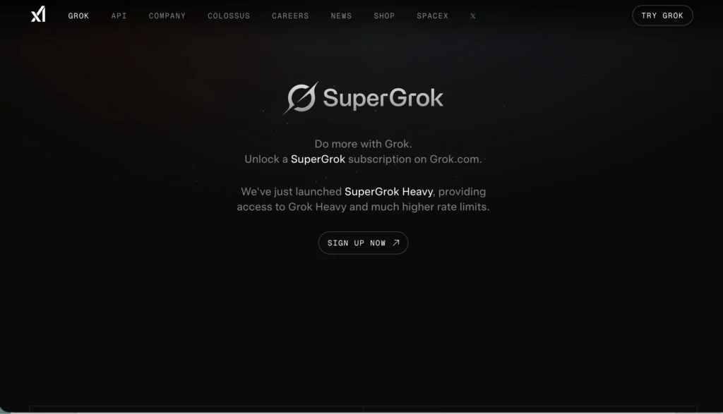 Super Grok landing page showing subscription details and Grok Heavy access