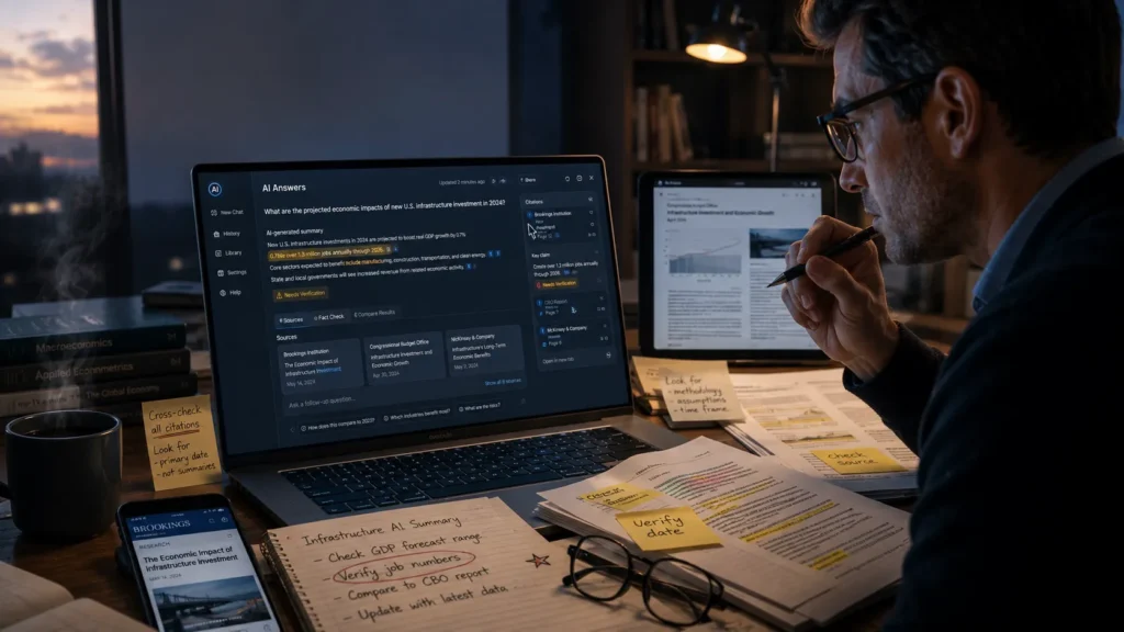 Professional reviewing AI Answers on a laptop while manually fact-checking sources using notes, highlighted documents, and trusted reports in a cinematic home office workspace.