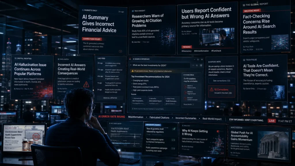 AI Answers newsroom scene showing multiple screens with headlines about AI misinformation, incorrect summaries, fabricated citations, and fact-checking concerns in a cinematic editorial environment.