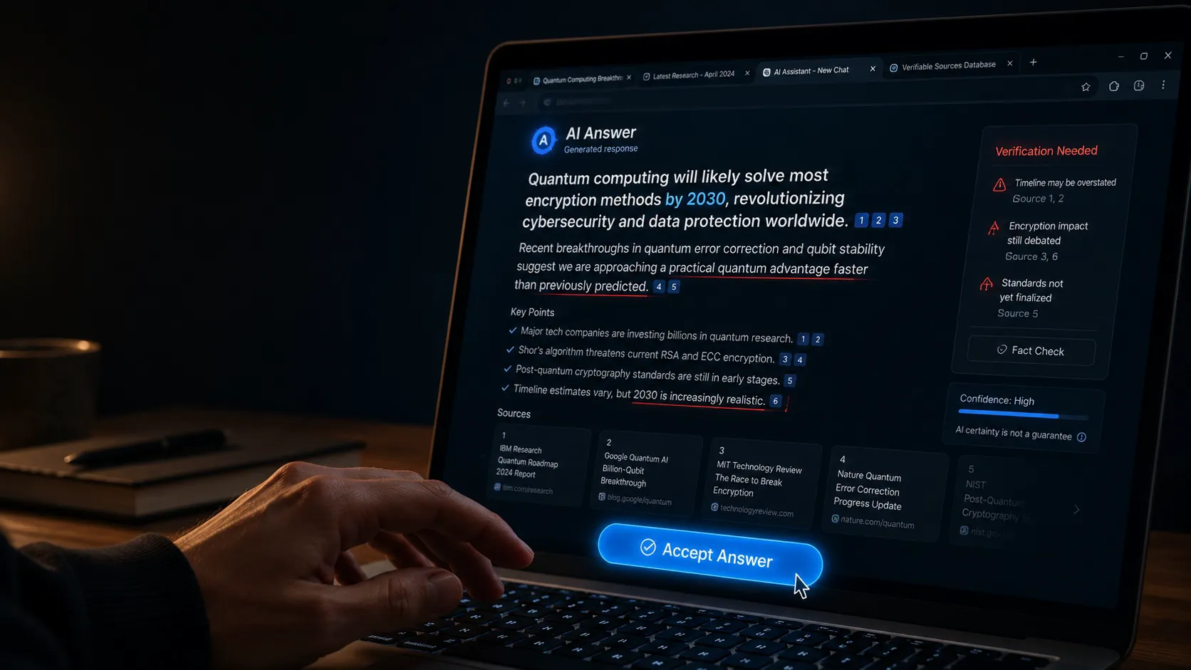 AI Answers interface displayed on a laptop screen with a glowing “Accept Answer” button, warning indicators, source cards, and subtle verification alerts in a cinematic editorial-style technology scene.