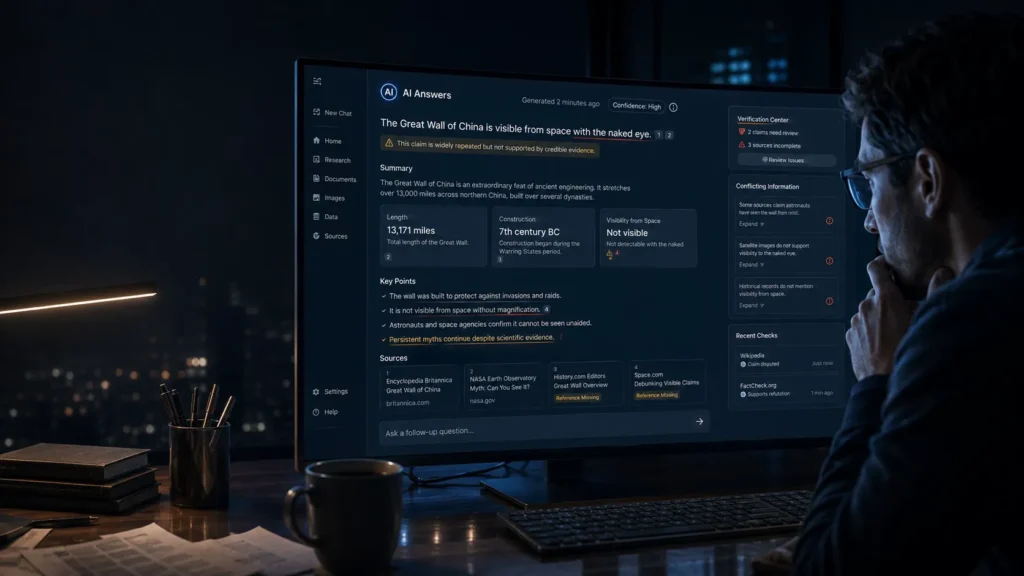 AI Answers displayed on a large ultrawide monitor with polished AI-generated content, fading citations, warning indicators, and hidden inaccuracies in a cinematic dark office environment.