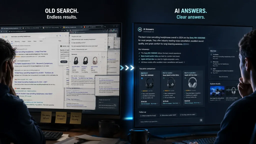 AI Answers comparison image showing the transition from cluttered traditional search engine results to organized AI-generated answers with summaries, citations, and comparison cards in a cinematic split-screen layout.
