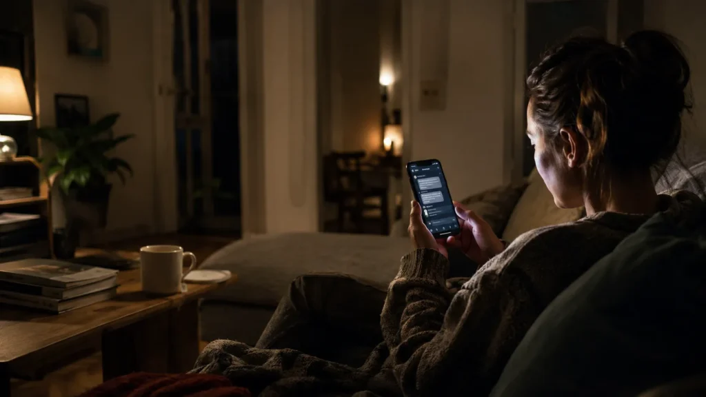 Person sitting alone on a living room couch at night using a smartphone with an AI companions chat interface, with a mug of tea and books nearby.