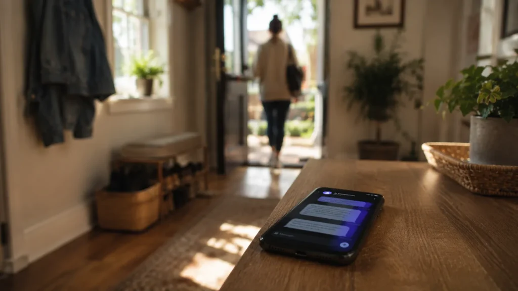 Smartphone left on a wooden table while a person heads outdoors, symbolizing healthy boundaries with AI companions.