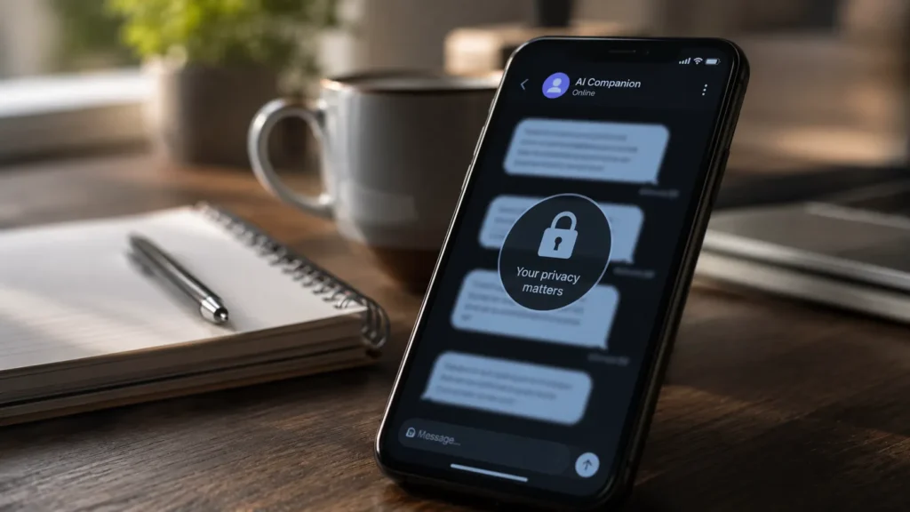Smartphone displaying an AI companions chat interface with a privacy lock icon on a desk workspace.