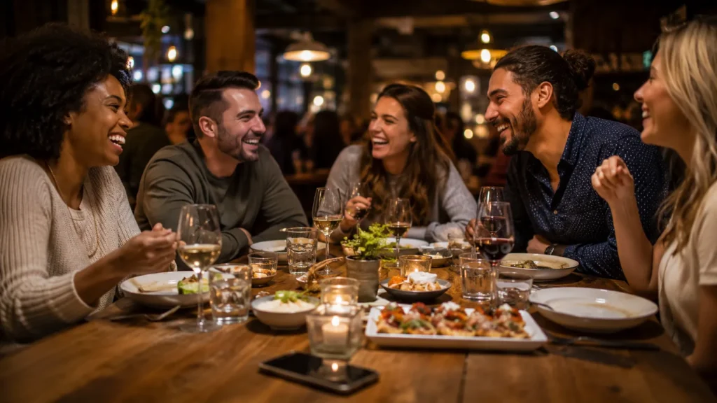 Friends enjoying dinner together at a cozy restaurant while a smartphone rests face-down on the table, illustrating healthy boundaries with AI companions and technology.