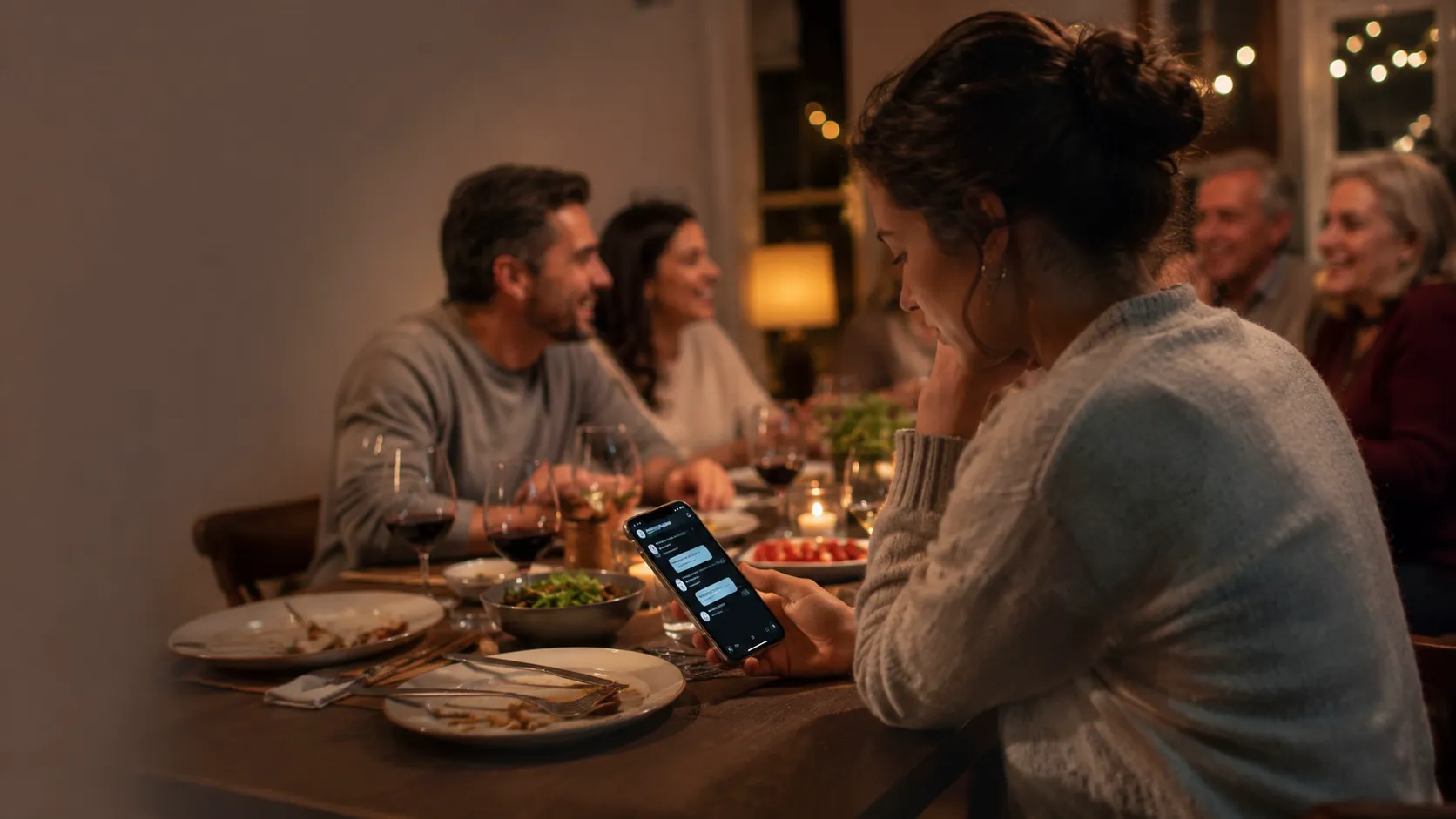 Person viewing AI companions chat on a smartphone while surrounded by friends and family during dinner.